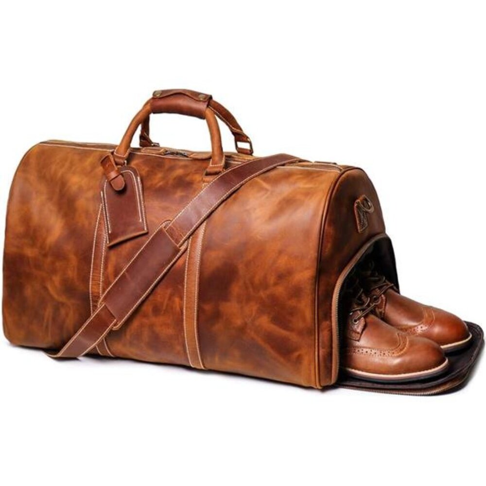 24 Inch Leather Travel Weekend Luggage Bag with Ykk Zipper Mens Duffle Retro